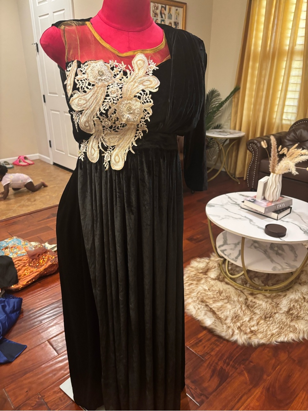 One-Shoulder Black Velvet Evening Gown with Gold Appliqué